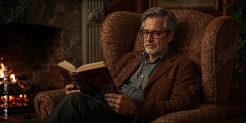 Man with glasses reading a book in an armchair by a fireplace in a dimly lit and cozy room scene