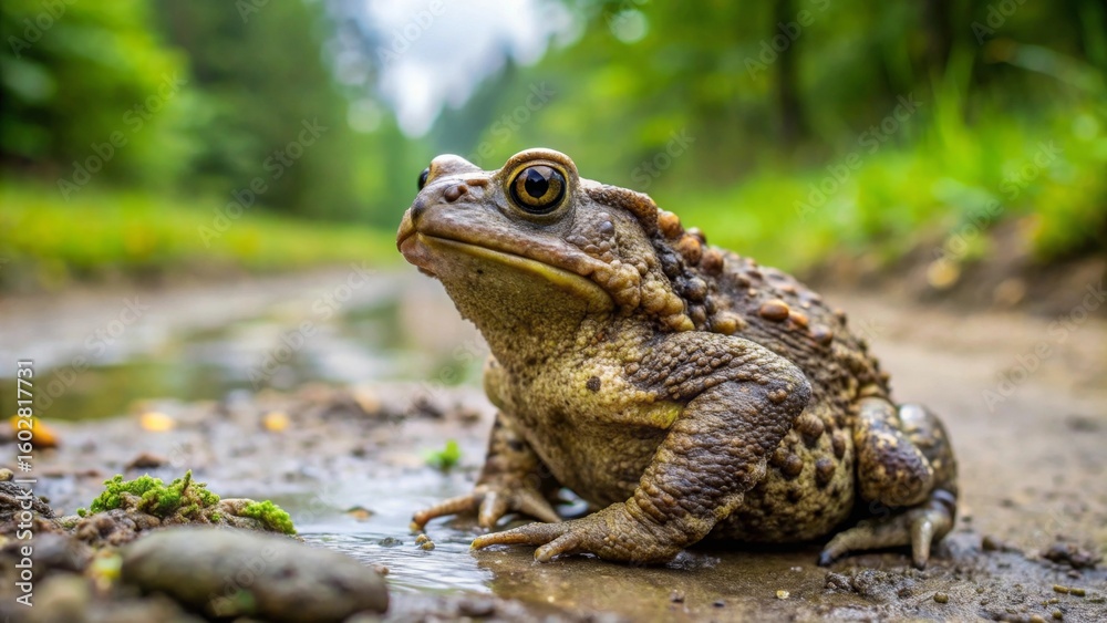 A solitary amphibian, a common toad, rests near a small body of water in a verdant woodland setting A solitary amphibian, a common toad, rests near a small body of water in a verdant woodland setting