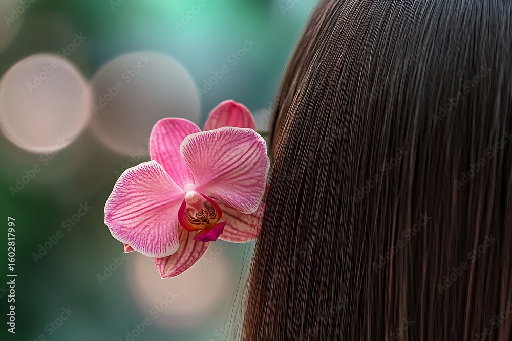 Naklejka premium Pink Striped Orchid Adorning Dark Brown Hair, Artistic Floral Hair Accessory, Blurred Background