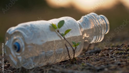 New life sprouts in the forest as spring arrives, with green leaves, vibrant flowers, and fresh grass growing near the bottle plastic