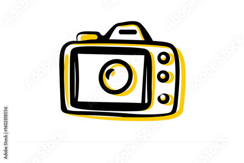 Hand drawn sketch of a vintage style digital camera with a lens displayed on its screen