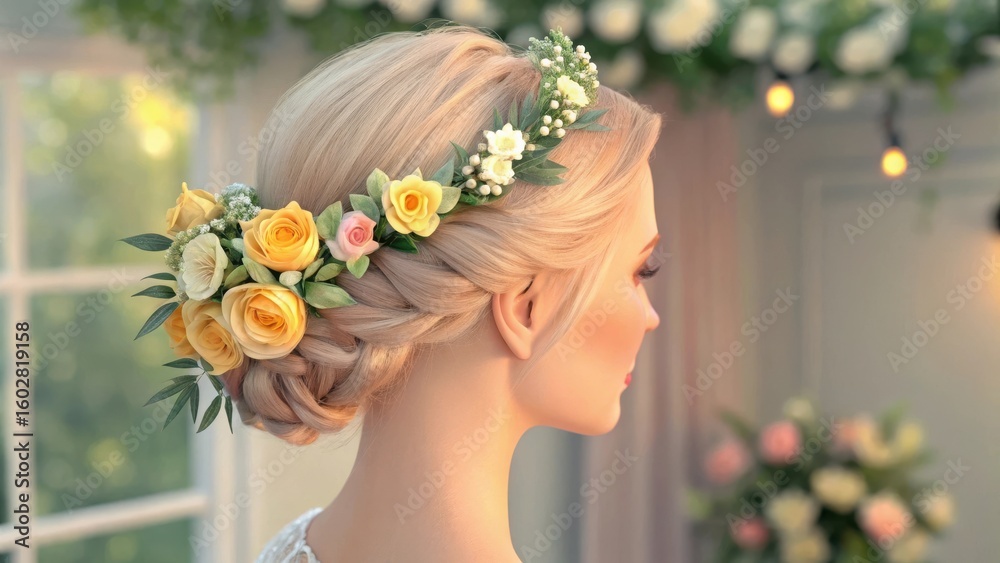 Naklejka premium Elegant hairstyle adorned with colorful flowers in a soft, romantic setting.