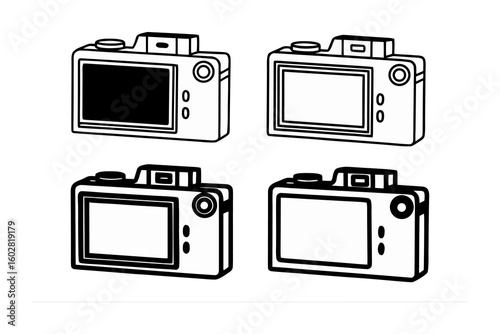 Four hand drawn illustrations of the rear view of compact digital cameras with different screen states