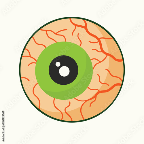 Green eyeball with orange veins and black pupil white