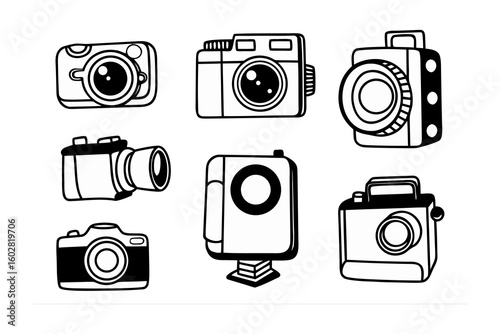 A collection of six hand drawn vintage and modern camera illustrations in a simple black and white sketch style