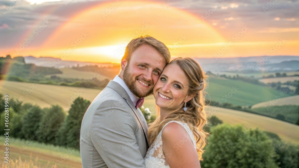 Obraz premium Couple smiling together with a sunset and rainbow in the background.