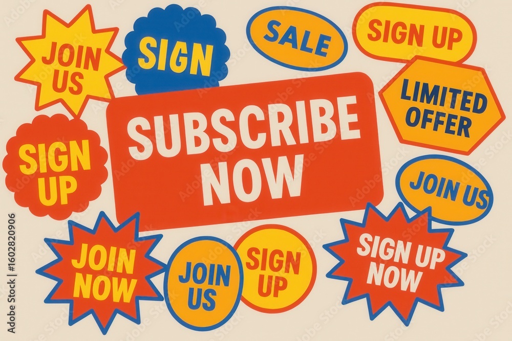 Obraz premium Colorful promotional stickers with messages like 