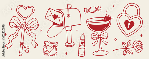 Whimsical romantic valentine doodle set. Hand drawn love cliparts in red line art with heart lock, key, rose, mail and cocktail