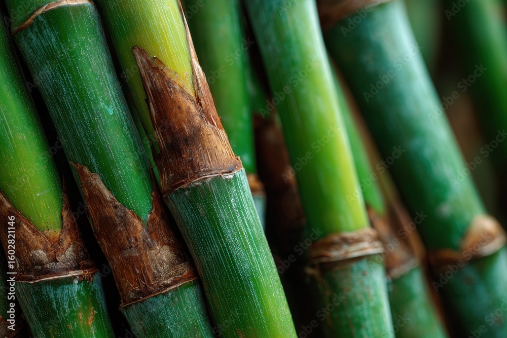 Fototapeta premium Sugarcane stalks are closely arranged, showcasing their rich green color and unique textures. This arrangement highlights the natural growth patterns of the plant in an agricultural environment