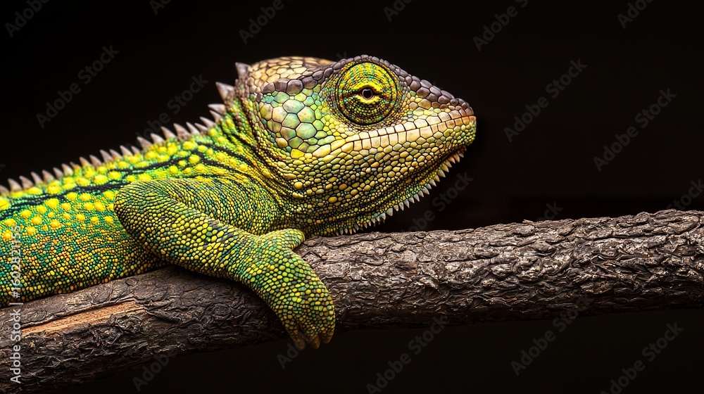Fototapeta premium Macro view of a chameleon's scaly foot gripping a branch, intricate texture