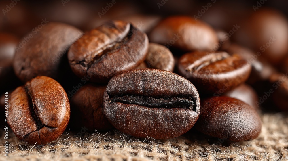 Naklejka premium Dark, roasted coffee beans are beautifully displayed, emphasizing their glossy finish and distinct shapes. The rustic background enhances their appealing presence for any promotional use
