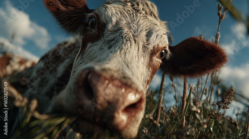 A cow grazing on fresh grass in a vibrant pasture. Sunlight illuminates the scene, creating a peaceful atmosphere in the farming landscape. The clear blue sky adds to the serene environment