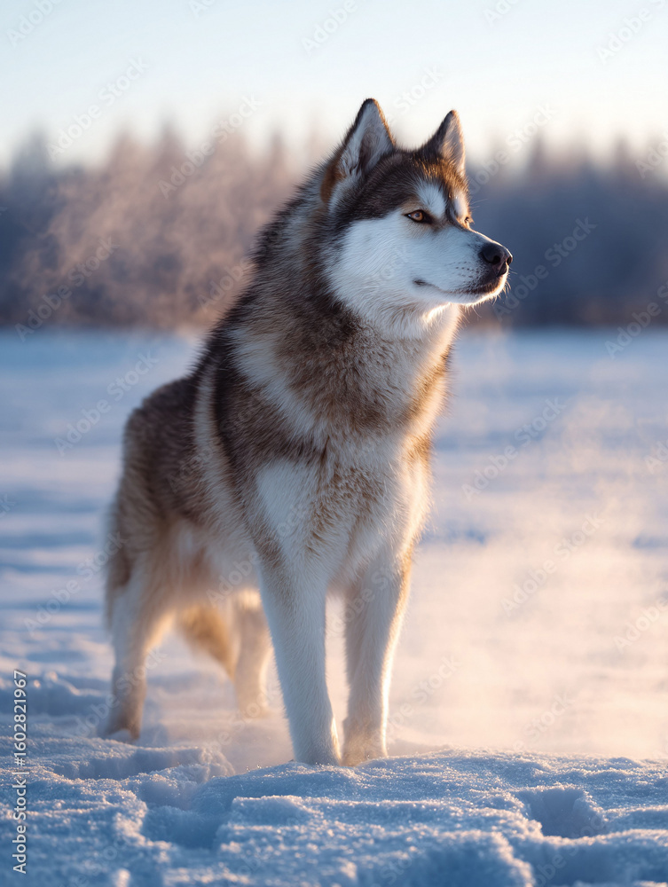 Naklejka premium Majestic dog stands powerfully in a snowy winter landscape, bathed in golden light. Symbol of loyalty, resilience, and the beauty of nature. Ideal for travel, pet, or adventure themes.