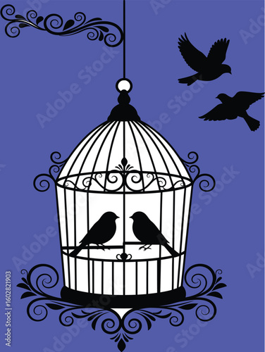 A striking illustration of a decorative birdcage with two silhouetted birds inside, set against a deep blue background.