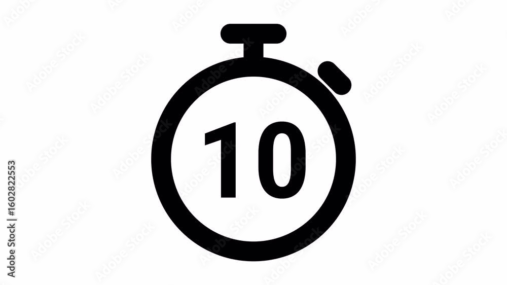 15 seconds countdown timer with stopwatch frame on white background. 4K video