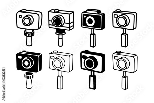 Collection of eight hand drawn black and white illustrations of digital cameras mounted on selfie sticks presented in two rows