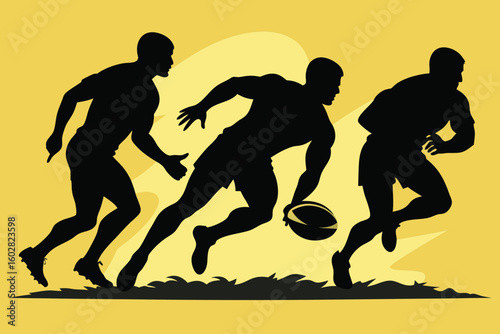 Three Rugby Players in Action Silhouette Graphic