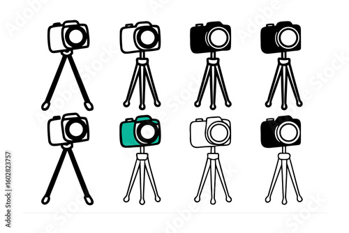 Collection of eight hand drawn vintage camera illustrations mounted on tripods showcasing diverse styles and a single teal camera