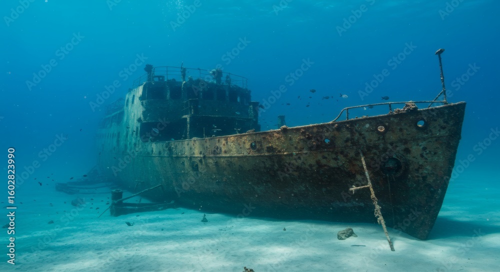 Fototapeta premium Sunken Ship Rusty Wreck Resting on Seabed with Blue Ocean.