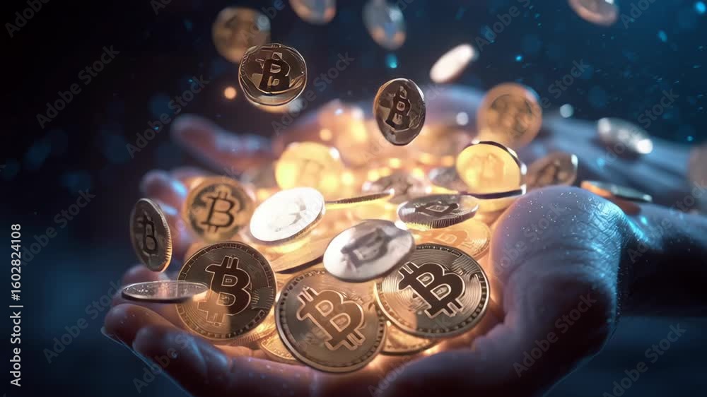 Holographic crypto coins (Bitcoin, Ethereum) falling like rain into a person's cupped hands in a dark, high-tech setting.