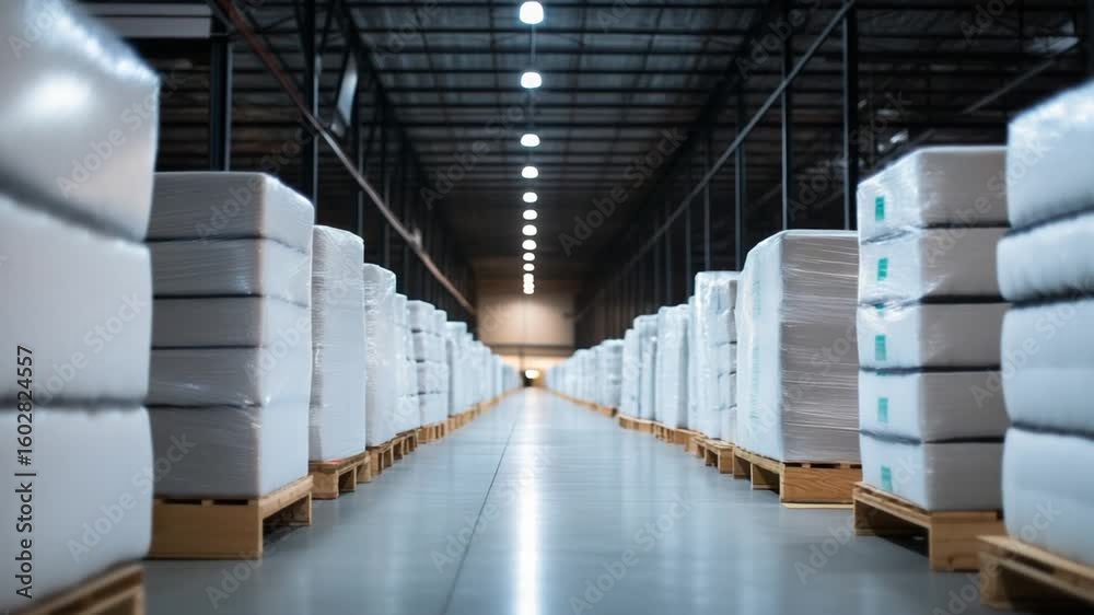 Explore our eco-friendly facility featuring neatly organized compressed foam mattresses, ready for bulk commercial resale.