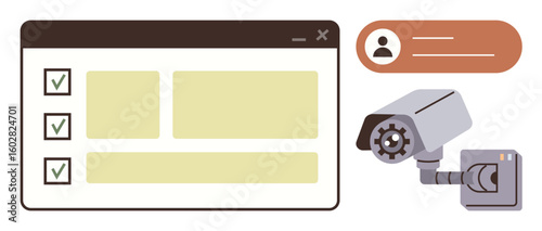 Browser window with checklist, surveillance camera, user profile graphic. Ideal for security, privacy, monitoring, safety, digital control compliance task tracking. Clean simple flat metaphor