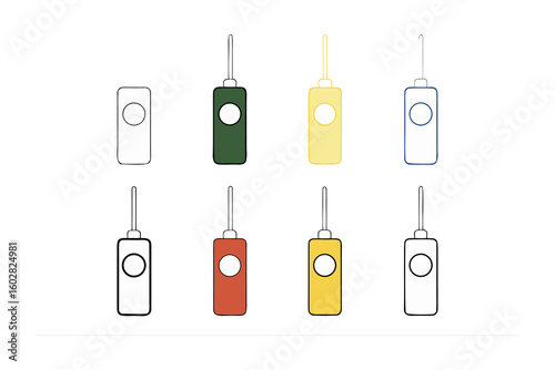 Collection of eight colorful stylized vape pens with white circular accents arranged in two rows on a white background