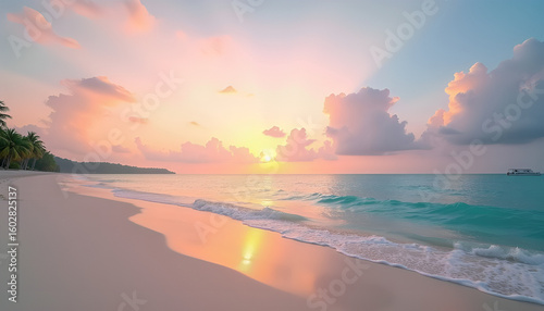 Tropical Beach Sunset with Palm Trees and Golden Light