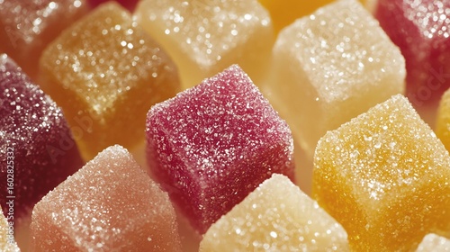 Macro view of sugar crystals sour candy showing vivid colors and sparkles