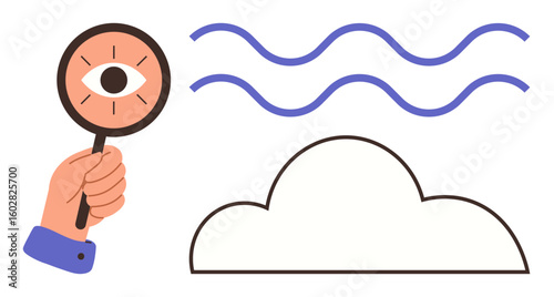 Eye in magnifying glass over cloud with wavy lines, concept of observation, focus, data analysis. Ideal for technology, clarity, research, innovation vision creativity cloud computing. Simple flat