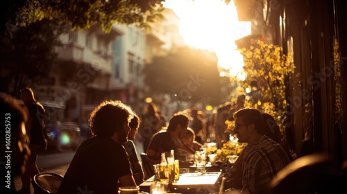 People enjoying a sunny outdoor cafe setting.