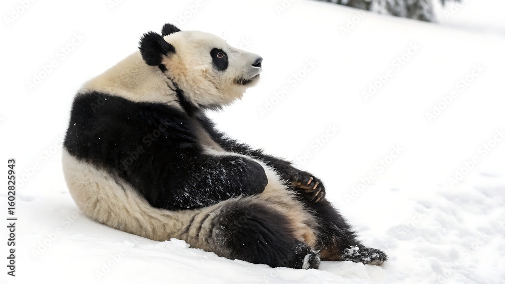 Naklejka premium Adorable panda relaxing in snowy landscape, capturing winter's charm and wildlife beauty
