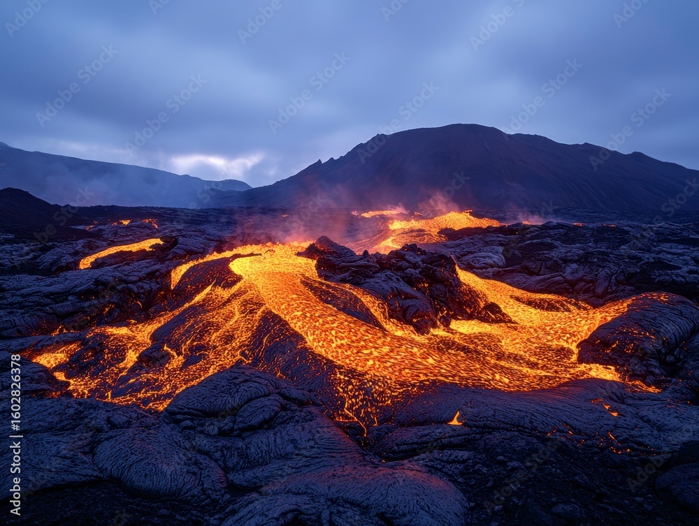 Obraz premium Fiery Lava Flow from Volcano at Night in Icelandic Landscape