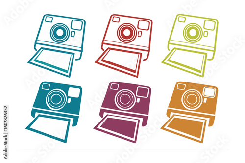 Six colorful vintage instant cameras with developing photos presented in a grid evoking nostalgia and creative expression