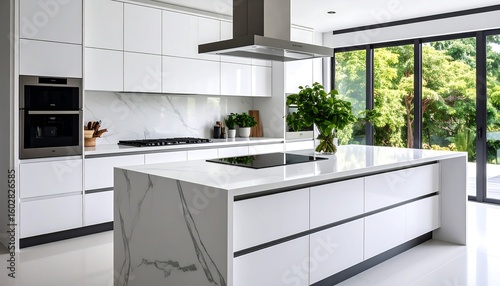 Modern, bright kitchen with marble island