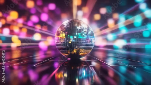 Disco ball colorful light dance floor party retro shiny vibrant celebration nightlife festive atmosphere with glowing reflections, energetic mood, joyful music, illuminated sparkling event