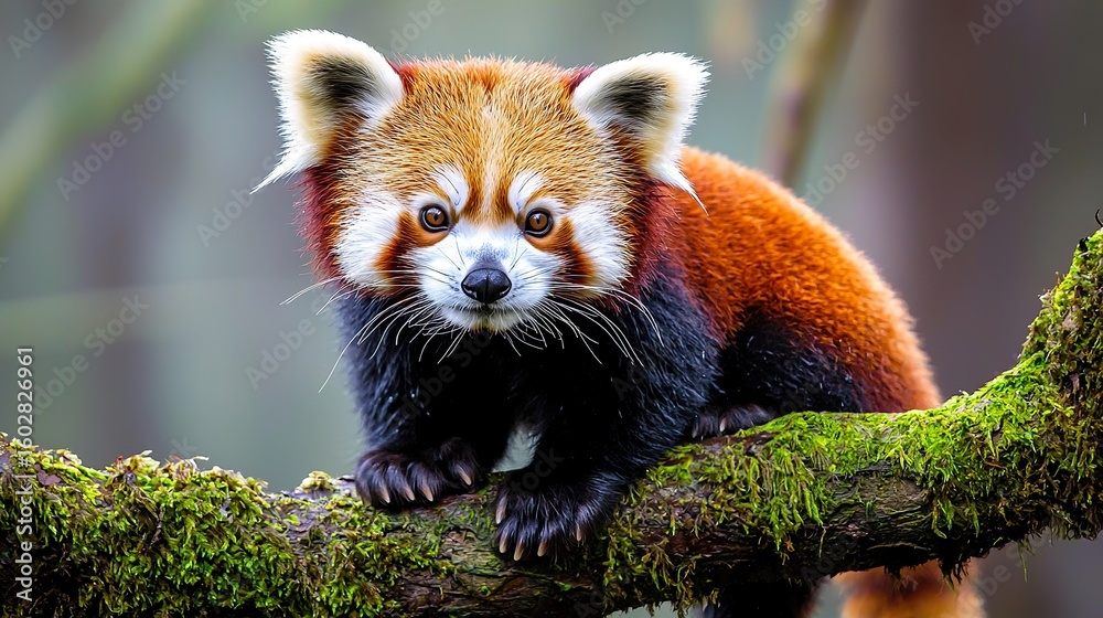 Obraz premium Red panda perched on a mossy branch, gentle expression, misty forest, unique