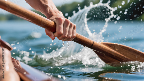 A close-up photograph of a hand holding a wooden paddle immersed in water. The paddle creates splashes, symbolizing active movement. A body of water and washed-out shoreline are visible in the backgro