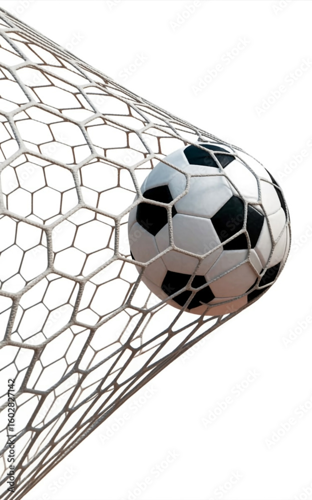 Fototapeta premium Black and white soccer ball caught in hexagonal net against white background football goal