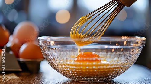Macro view of whisk mixing egg yolk glass bowl with dynamic motion blur
