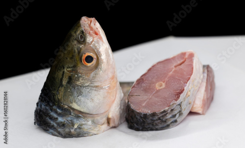 Fresh slice raw  Rohu fish  isolated on white background,.