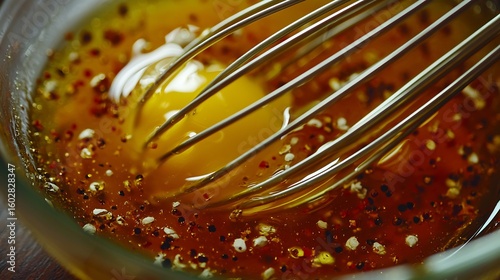 Macro view of whisk mixing egg yolk glass bowl with dynamic motion blur