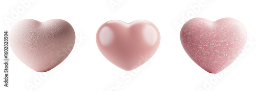 A collection of bright pink 3D heart shapes, symbols of eternal love and romance, perfect for Valentine's Day or wedding designs, isolated on a transparent background. PNG