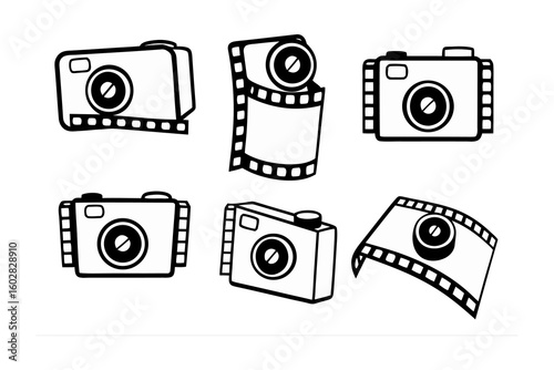 Collection of hand drawn vintage camera illustrations with film strips representing photography and cinematic arts