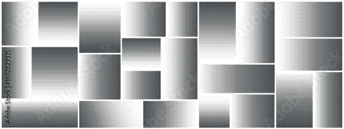 Y2K pixel bitmap gradient set with game backgrounds and retro arcade dither patterns. Abstract 8 bit halftone textures for vintage video art or glitch designs. Radial comic overlays or mosaic grid.