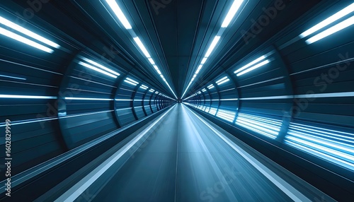 Futuristic tunnel with glowing neon lights and dynamic motion blur creating a sense of speed and high technology in a dark modern transportation or sci-fi environment