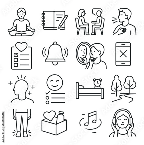 Mental health icon collection. therapy, wellness, mindfulness, meditation linear vector icons.