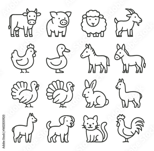 Farm animal icon collection: simple linear styles. cow, pig, chicken, sheep, vector icons