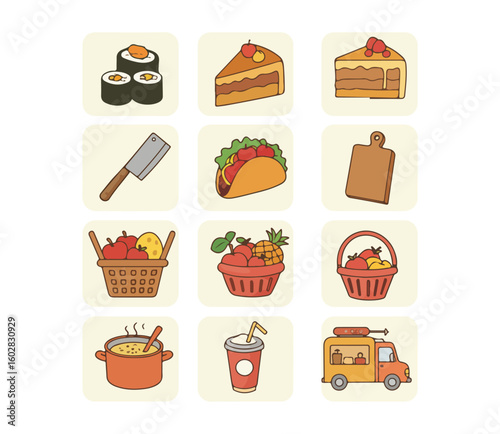 Collection of Delicious Food and Kitchen Items Illustrated in a Whimsical Style	