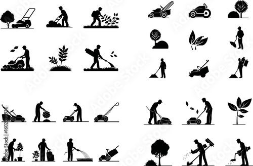 Lawn care service icons vector set: landscaping, mowing, gardening, and maintenance